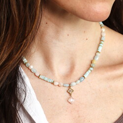 Semi Precious Blue Beaded Charm Necklace in Gold