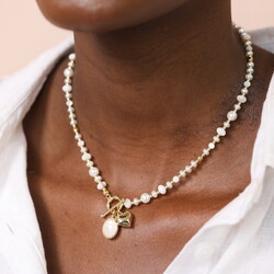 Semi Precious Beaded Pearl Heart Charm Necklace in Gold