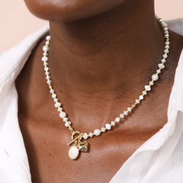 Semi Precious Beaded Pearl Heart Charm Necklace in Gold