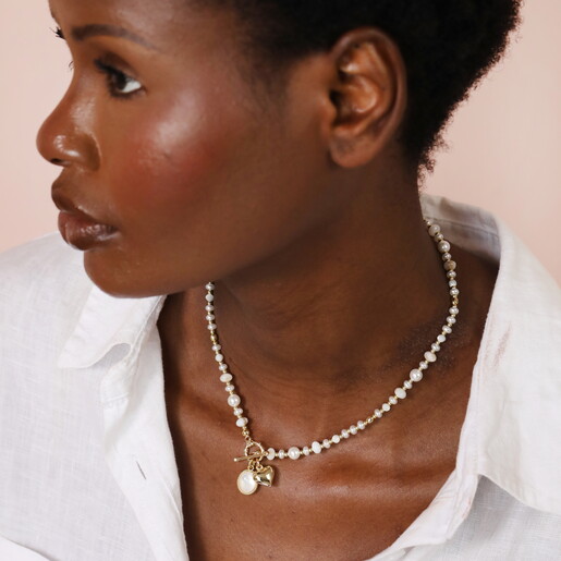 Semi Precious Beaded Pearl Heart Charm Necklace in Gold