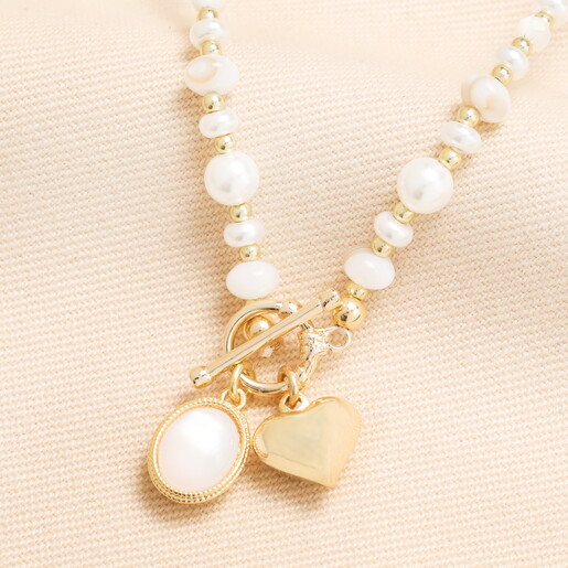 beaded semi precious pearl necklace in gold