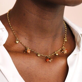 Semi Precious Brown Beaded Cluster Charm Necklace in Gold