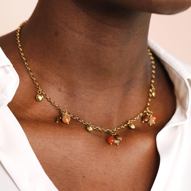 Semi Precious Brown Beaded Cluster Charm Necklace in Gold