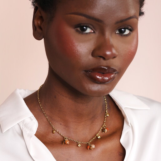 Semi Precious Brown Beaded Cluster Charm Necklace in Gold