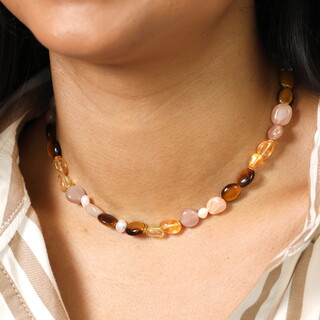 Semi Precious Neutral Stone and Pearl Beaded Necklace in Gold