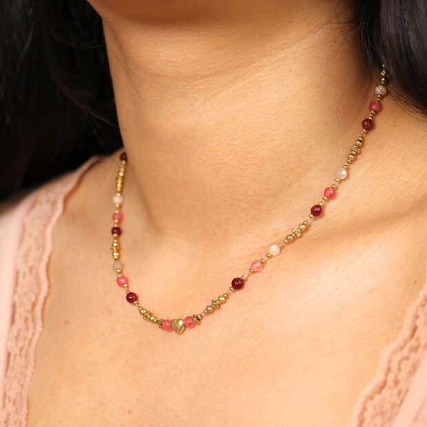 Semi Precious Pink Stone and Heart Beaded Necklace in Gold