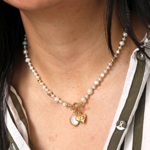 Personalised Semi Precious Beaded Pearl Heart Charm Necklace in Gold close up on model