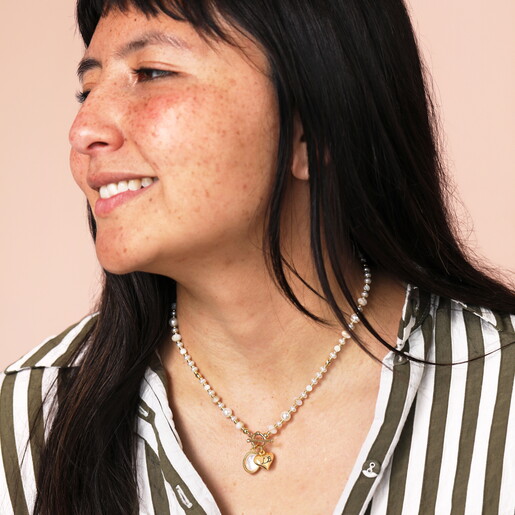 Personalised Semi Precious Beaded Pearl Heart Charm Necklace in Gold on model