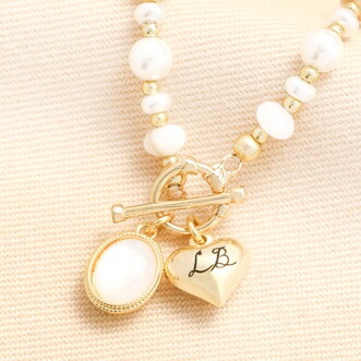 Personalised Initial Semi Precious Beaded Pearl Heart Necklace in Gold