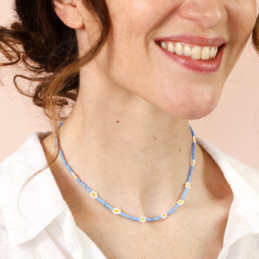 Stainless Steel Blue Beaded Flower Charm Necklace in Gold