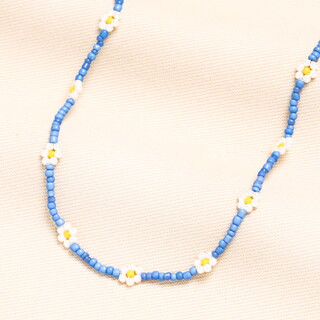 Stainless Steel Blue Beaded Flower Charm Necklace in Gold