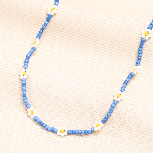 Stainless Steel Blue Beaded Flower Charm Necklace in Gold