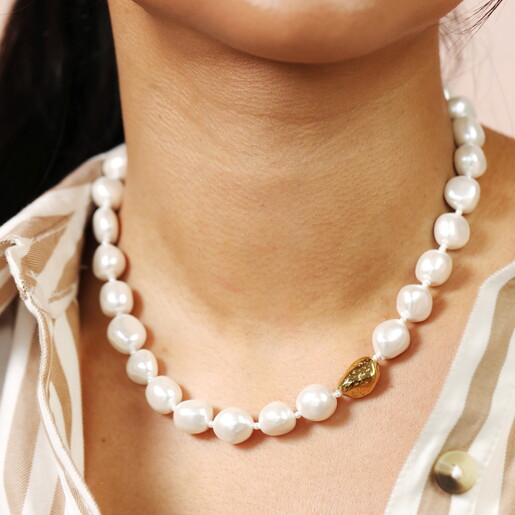 Stainless Steel Chunky Organic Pearl Beaded Necklace in Gold