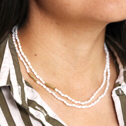 Oval Pearl Beaded Double Layer Fish Necklace in Gold