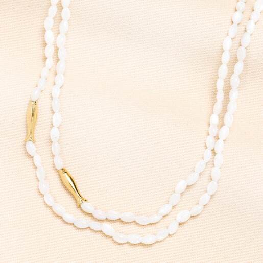 Oval Pearl Beaded Double Layer Fish Necklace in Gold