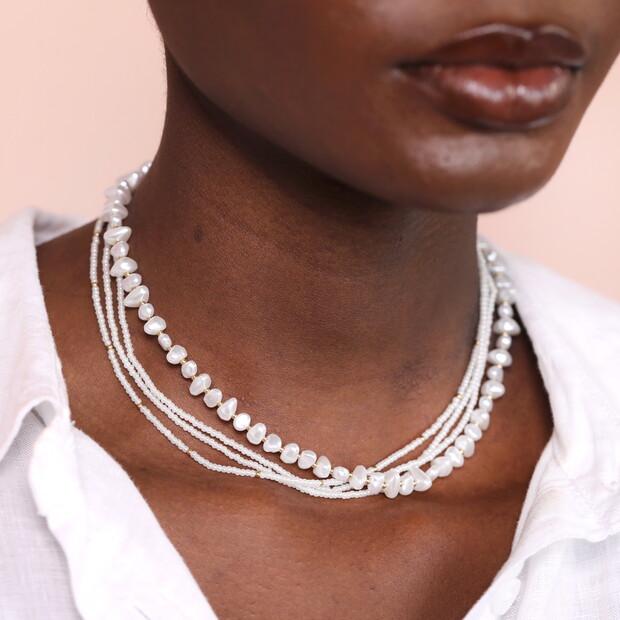 Stainless Steel Double Layer Pearl Beaded Necklace in Gold