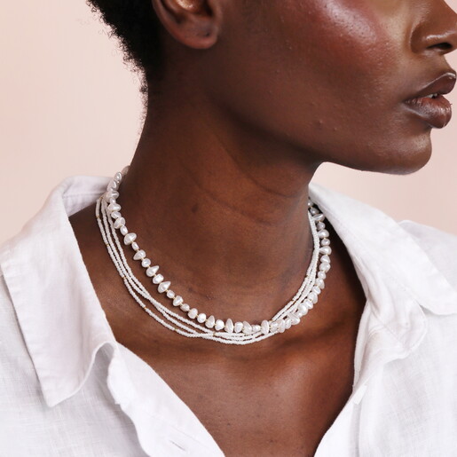 Stainless Steel Double Layer Pearl Beaded Necklace in Gold