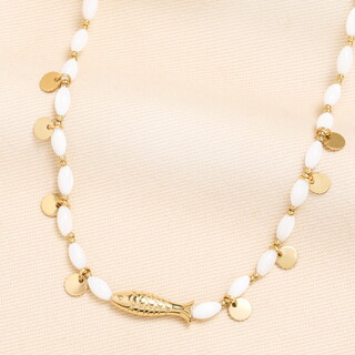 Stainless Steel Fish Charm Beaded Necklace in Gold