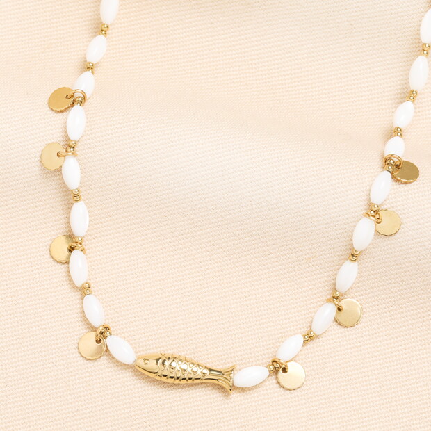 Stainless Steel Fish Charm Beaded Necklace in Gold