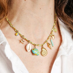 Stainless Steel Green and Blue Sea Charm Necklace in Gold