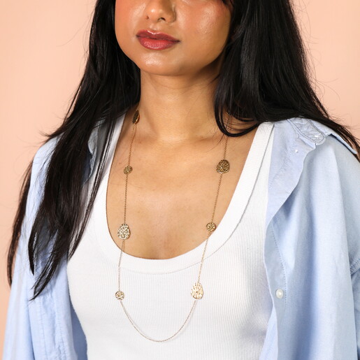 Pebble details on Stainless Steel Hammered Pebble Long Chain Necklace in Gold