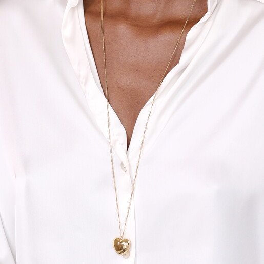 Stainless Steel Heart Pendant Long Chain Necklace in Gold