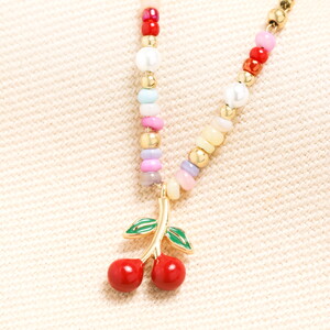 Stainless Steel Multicolour Beaded Cherry Charm Necklace in Gold