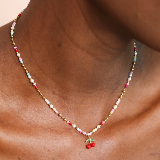 A Colourful Beaded Necklace with a Dangling Cherry Charm