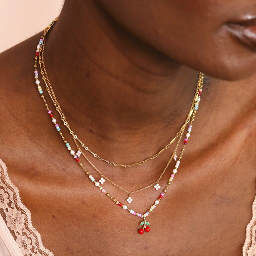 A Colourful Beaded Necklace with a Dangling Cherry Charm