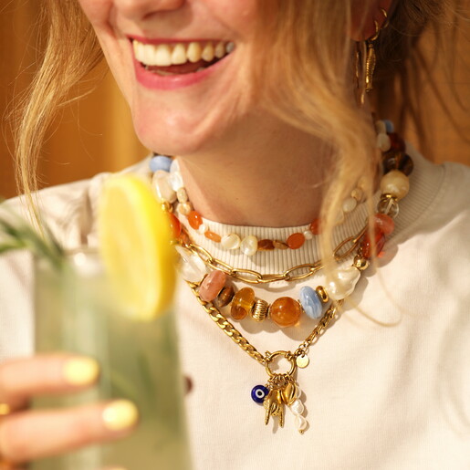 Stainless Steel Multicolour Mixed Chunky Beaded Necklace in Gold
