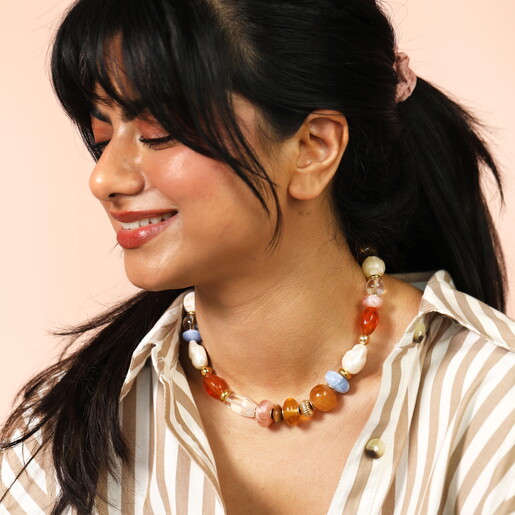 Stainless Steel Multicolour Mixed Chunky Beaded Necklace in Gold