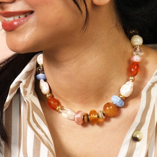 Stainless Steel Multicolour Mixed Chunky Beaded Necklace in Gold