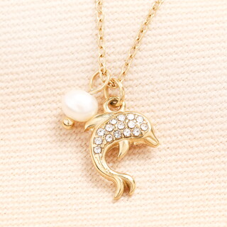 Stainless Steel Pearl Dolphin Pendant Necklace in Gold