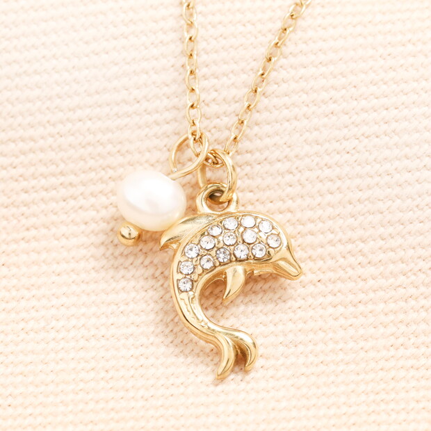Stainless Steel Pearl Dolphin Pendant Necklace in Gold