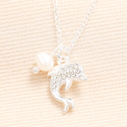 Stainless Steel Pearl Dolphin Pendant Necklace in Silver
