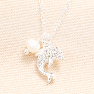 Stainless Steel Pearl Dolphin Pendant Necklace in Silver