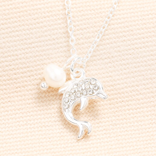 dolphin pendant necklace with cubic zirconia crystals in silver