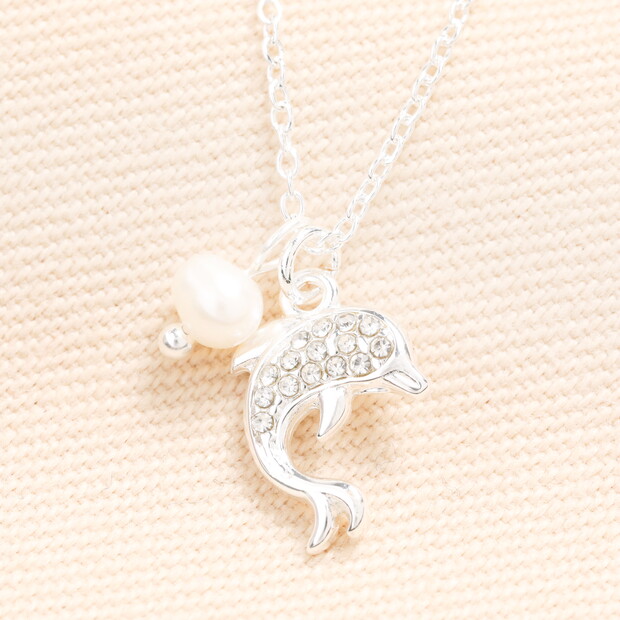 Stainless Steel Pearl Dolphin Pendant Necklace in Silver