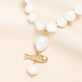 Stainless Steel Pearl Fish Pendant Necklace in Gold