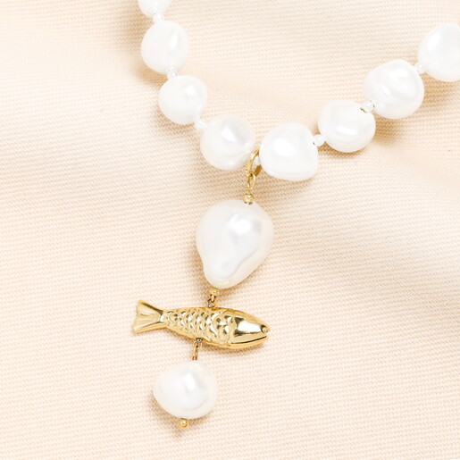 Stainless Steel Pearl Fish Pendant Necklace in Gold