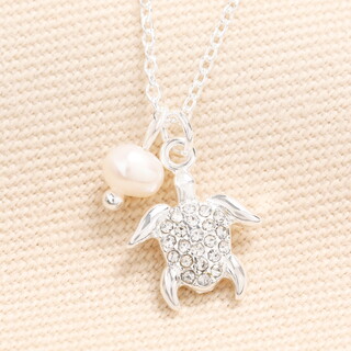 Stainless Steel Pearl Turtle Pendant Necklace in Silver