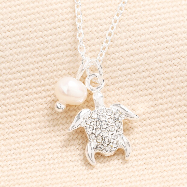 Stainless Steel Pearl Turtle Pendant Necklace in Silver
