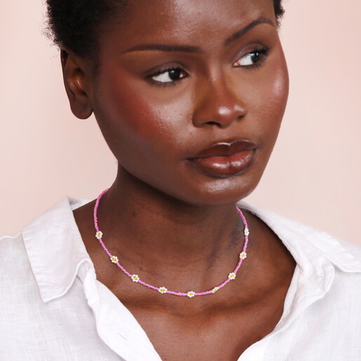 Stainless Steel Pink Beaded Flower Charm Necklace in Gold