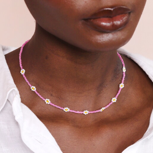 Stainless Steel Pink Beaded Flower Charm Necklace in Gold