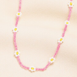 Stainless Steel Pink Beaded Flower Charm Necklace in Gold