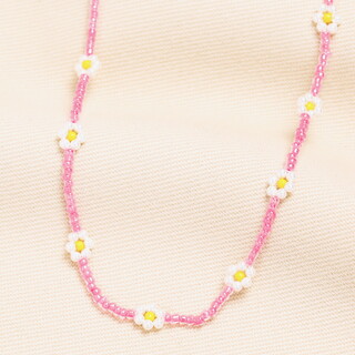 Stainless Steel Pink Beaded Flower Charm Necklace in Gold