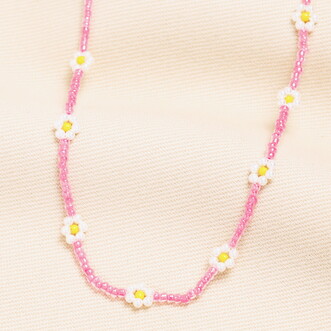 Stainless Steel Pink Beaded Daisy Necklace in Gold