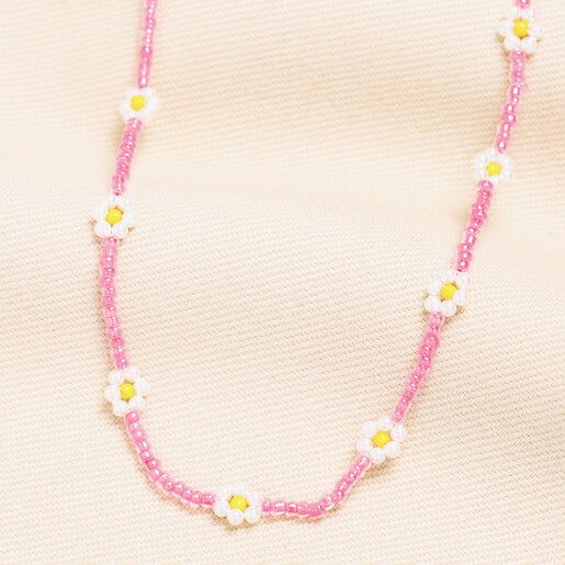 Stainless Steel Pink Beaded Flower Charm Necklace in Gold
