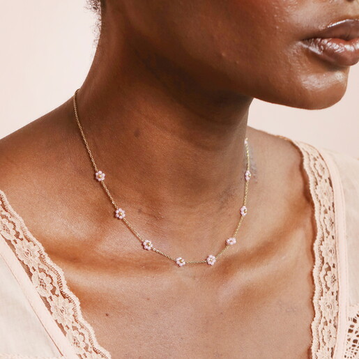 Stainless Steel Pink Flower Beaded Necklace in Gold