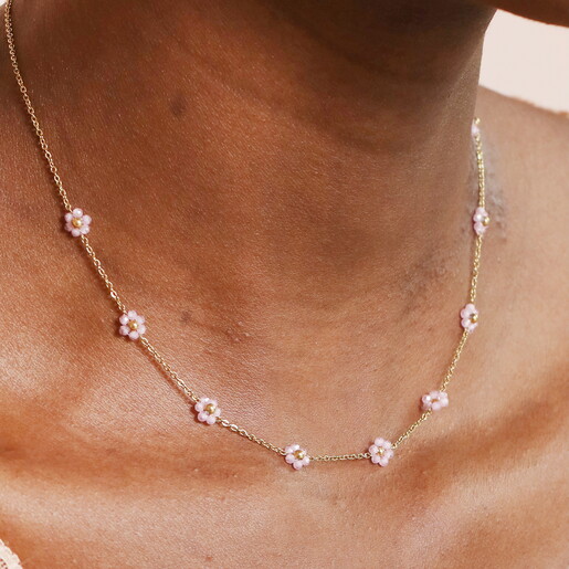 Stainless Steel Pink Flower Beaded Necklace in Gold